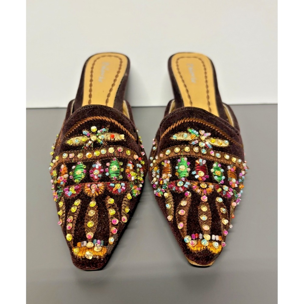 Palovio Womens 6.5‎ Brown Velvet Beaded Sequin Mule Slip On Shoes Pumps Used